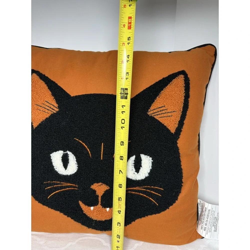 Halloween Orange Pillow Black Cat 17x17 Square Seasonal Fall Decor Plush Pillow